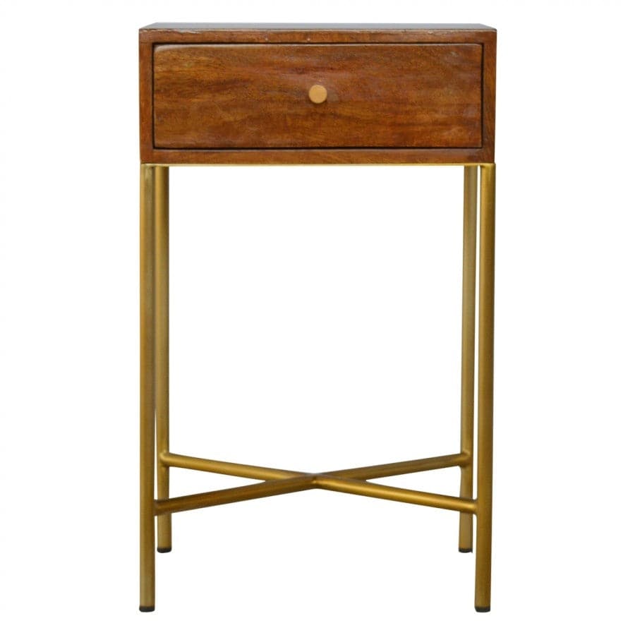 Chestnut End Table with Gold Criss-Cross Base - Price Crash Furniture