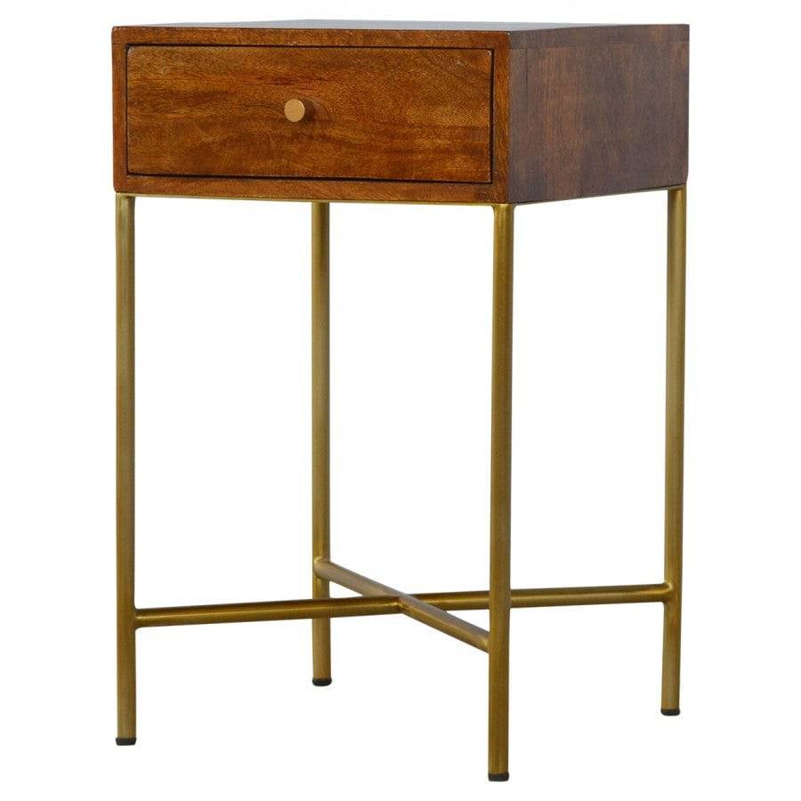 Chestnut End Table with Gold Criss-Cross Base - Price Crash Furniture