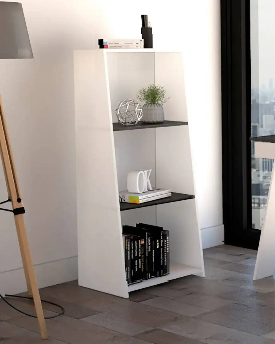 Core Dallas Low Bookcase in White & Carbon Grey Oak Effect - Price Crash Furniture