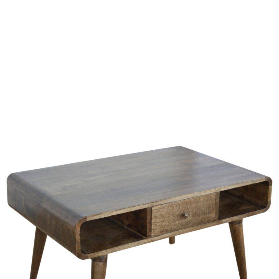 Curved Grey Washed 1 Drawer Coffee Table in Solid Mango Wood - Price Crash Furniture