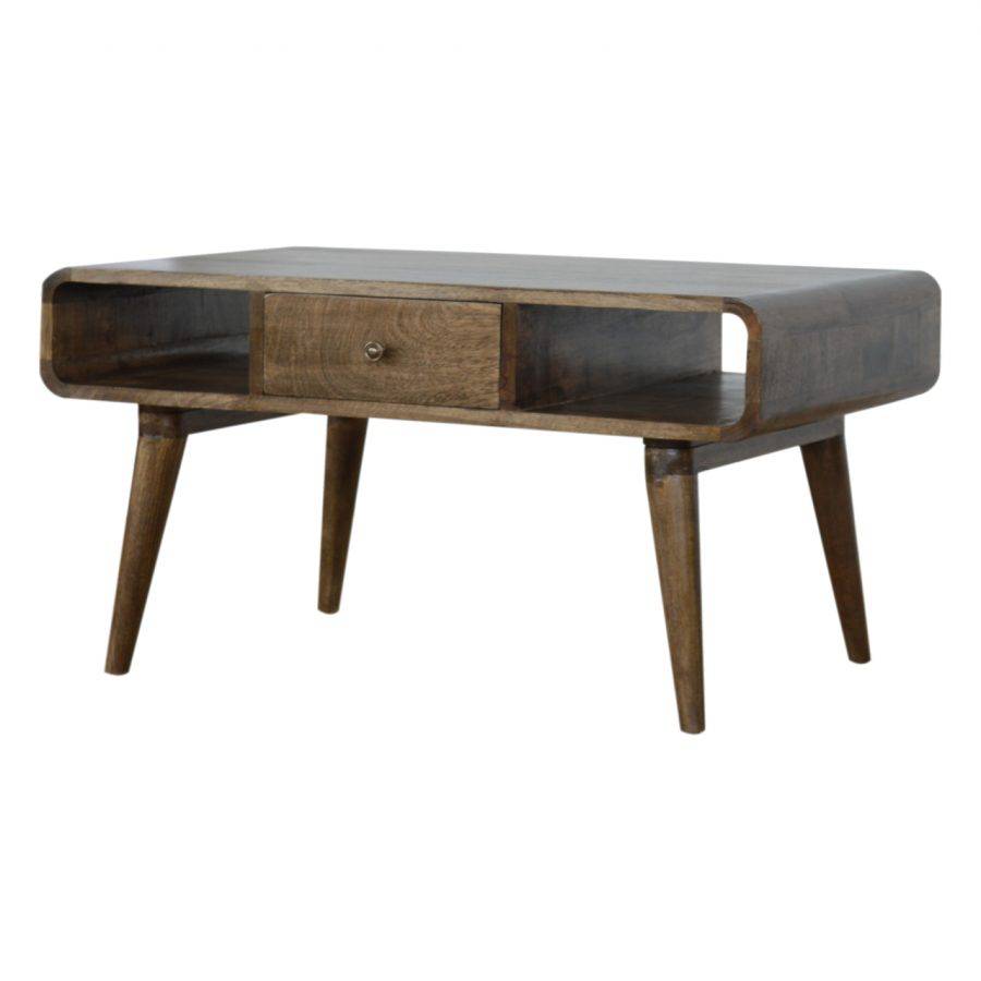 Curved Grey Washed 1 Drawer Coffee Table in Solid Mango Wood - Price Crash Furniture