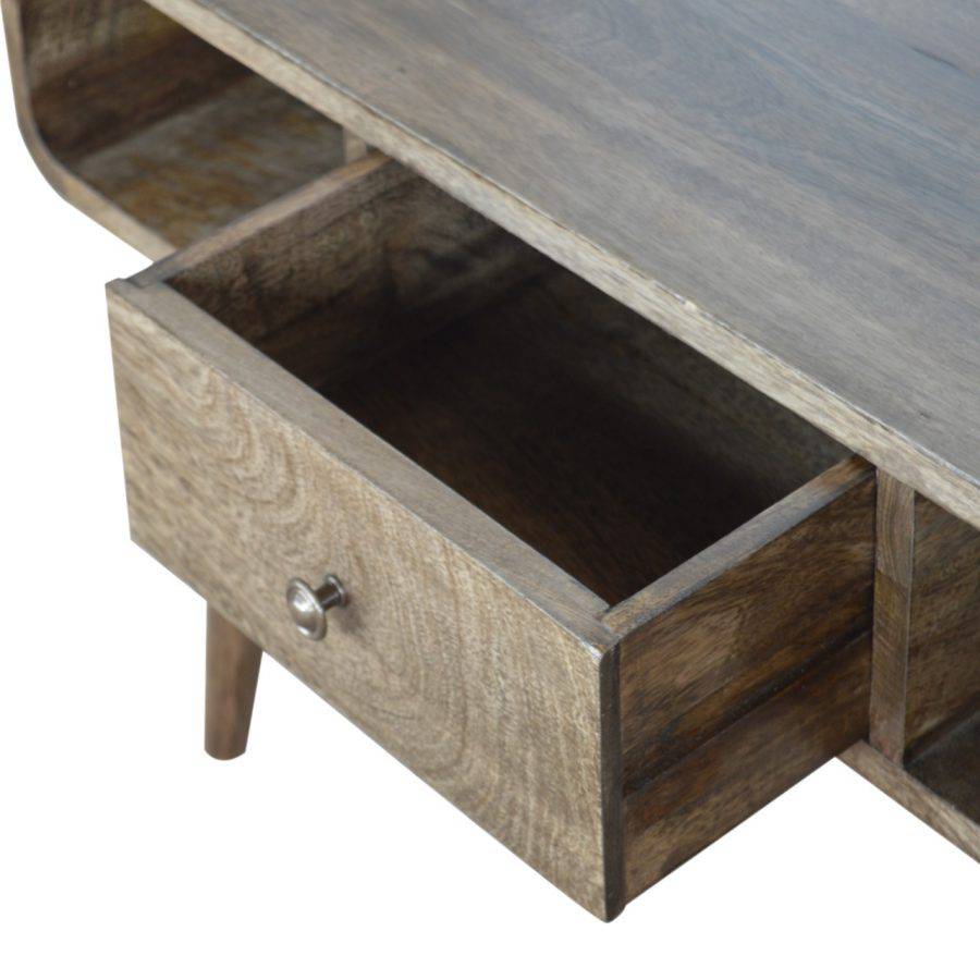 Curved Grey Washed 1 Drawer Coffee Table in Solid Mango Wood - Price Crash Furniture