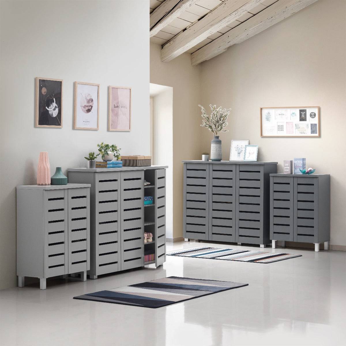 Essentials 2 Door Slatted Shoe Cabinet in Dark Grey by TAD - Price Crash Furniture