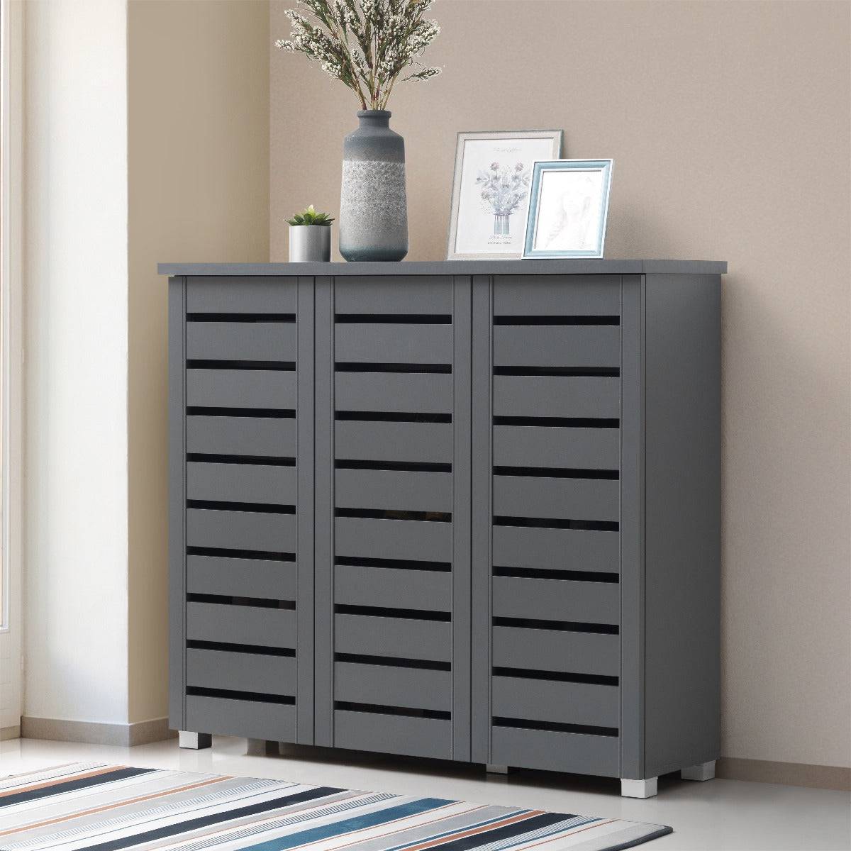 Essentials 3 Door Slatted Shoe Cabinet in Dark Grey by TAD - Price Crash Furniture