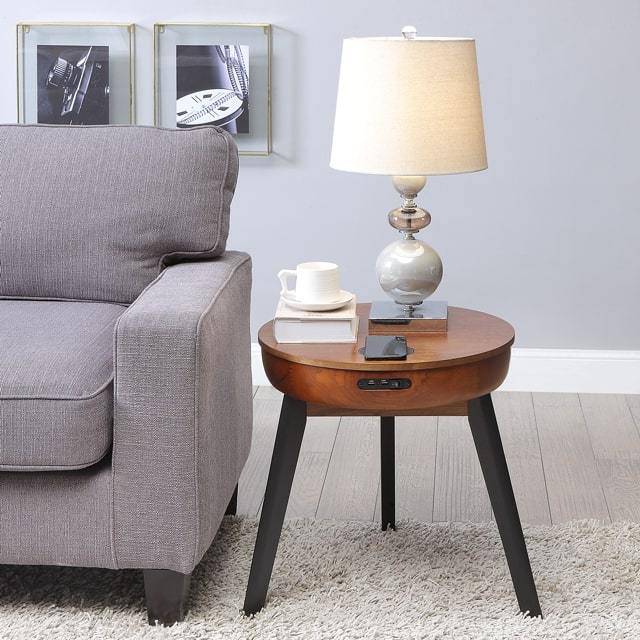 JF710 San Francisco Smart Lamp Table with Speaker and Charging in Walnut with Black Legs by Jual - Price Crash Furniture