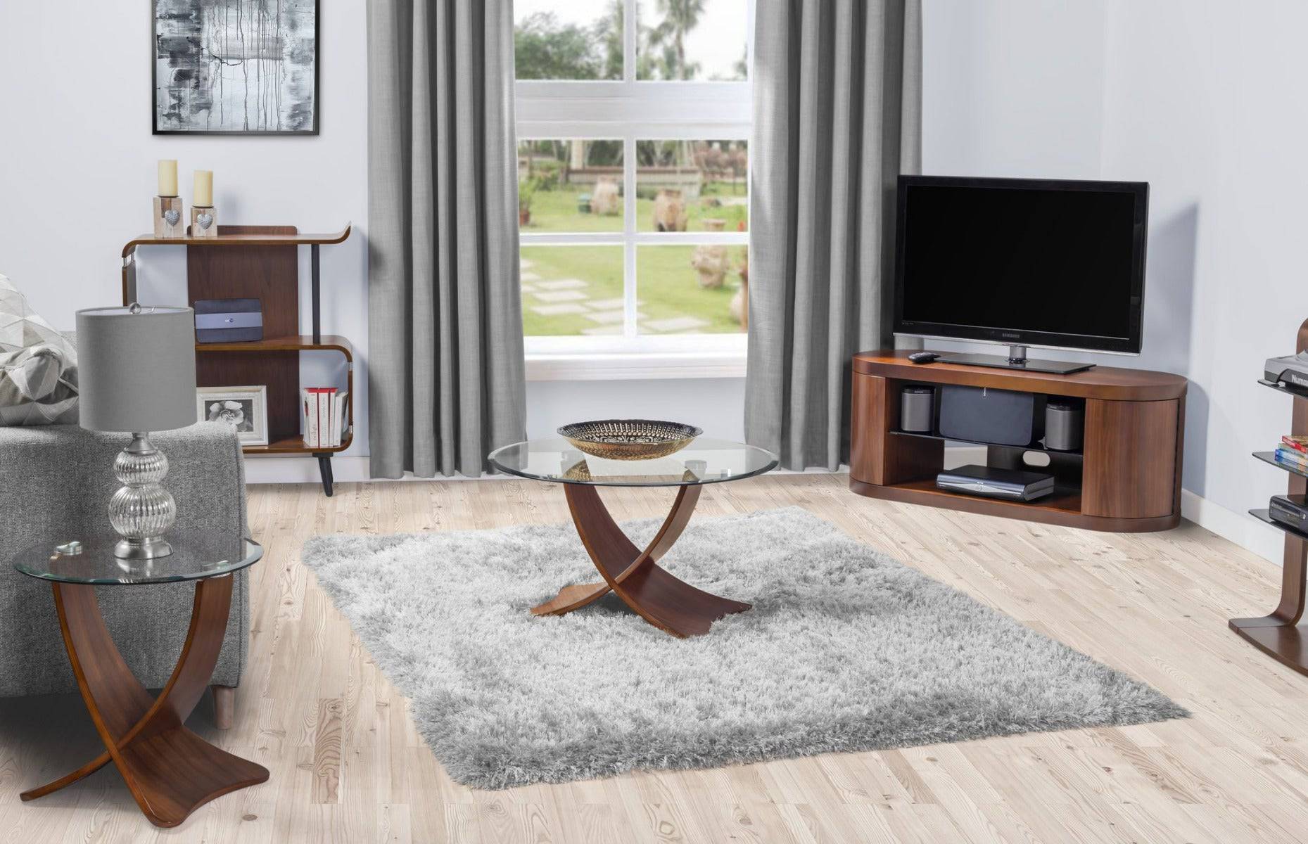 Jual Furnishings JF207 Walnut TV Stand up to 50" with Piano Black Glass - Price Crash Furniture