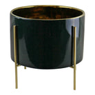 Large Ceramic Gold Lined Planter With Stand, Green - Price Crash Furniture