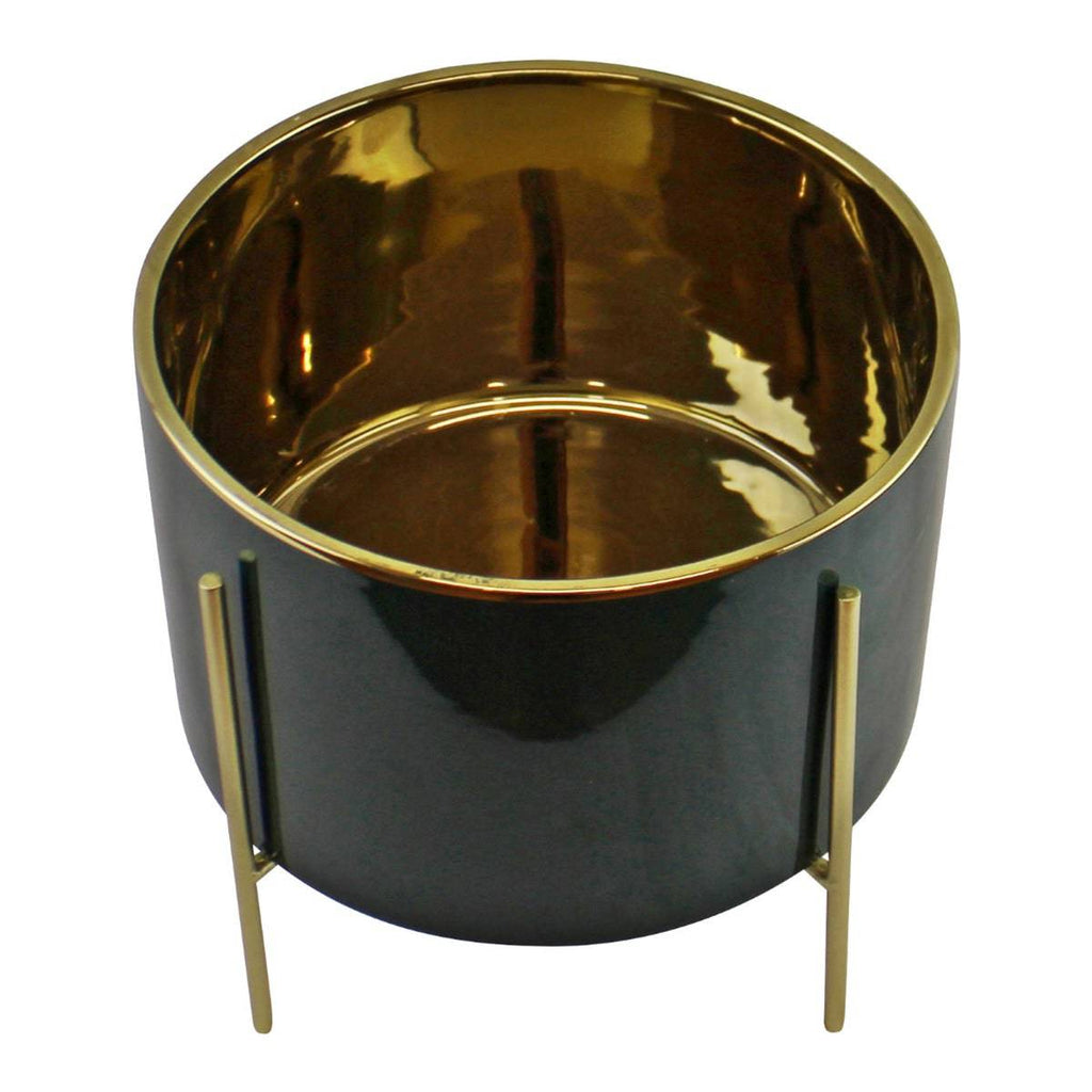 Large Ceramic Gold Lined Planter With Stand, Green - Price Crash Furniture