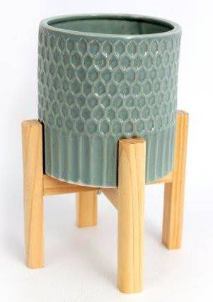 Large Ceramic Teal Coloured Planter on Wooden Stand - Indoor - Price Crash Furniture
