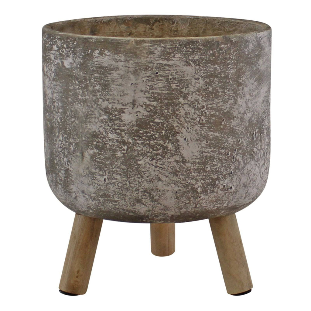 Large Grey Cement Planter with Wooden Legs, 20cm diameter, Indoor Use - Price Crash Furniture