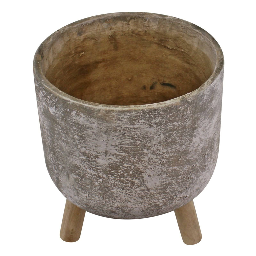 Large Grey Cement Planter with Wooden Legs, 20cm diameter, Indoor Use - Price Crash Furniture