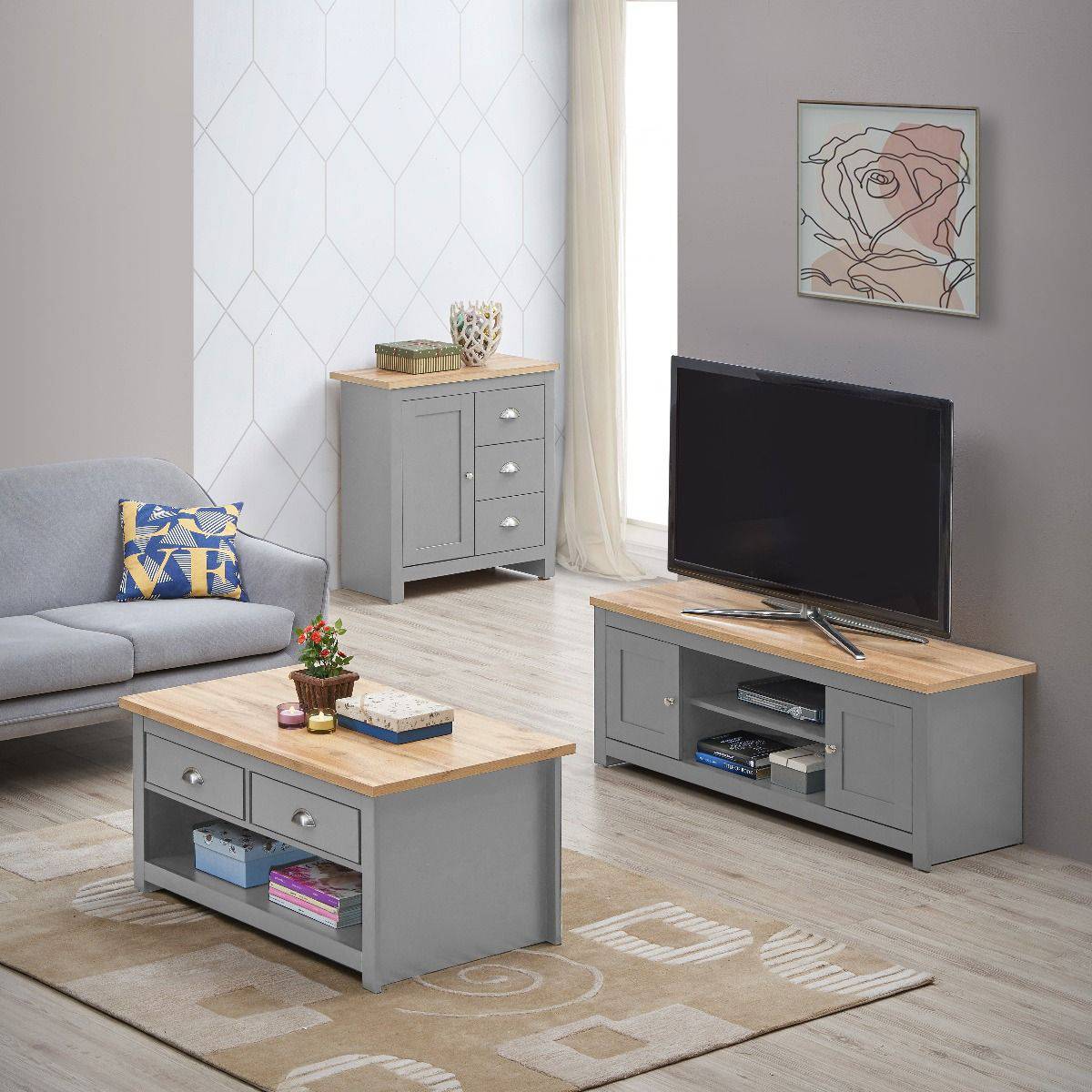 LISBON 3 PIECE LIVING ROOM SET CORNER TV UNIT, 1 DOOR SIDEBOARD, 2 DRAWER COFFEE TABLE GREY - Price Crash Furniture