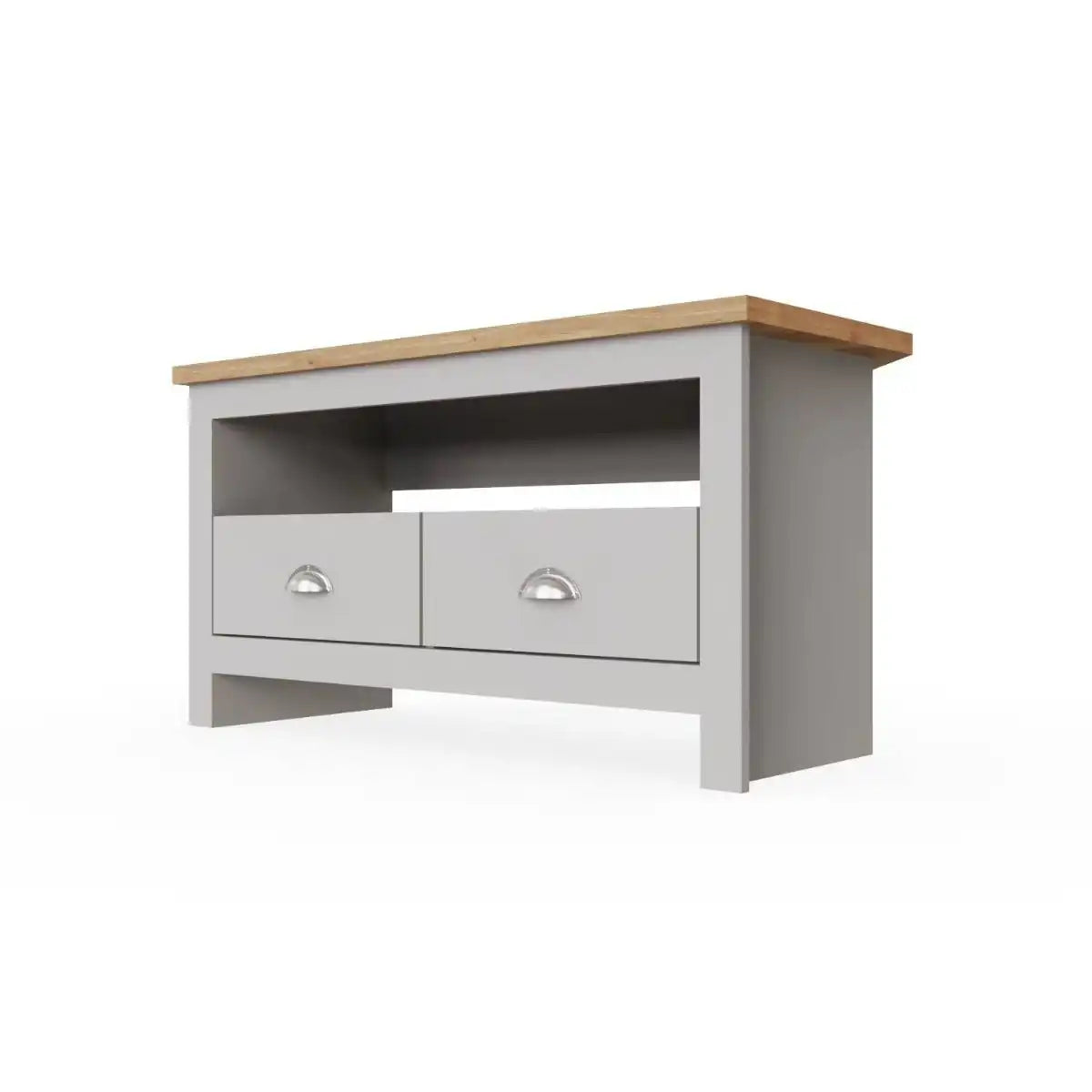 Lisbon corner TV unit stand - 2 drawers in grey & oak by TAD - Price Crash Furniture