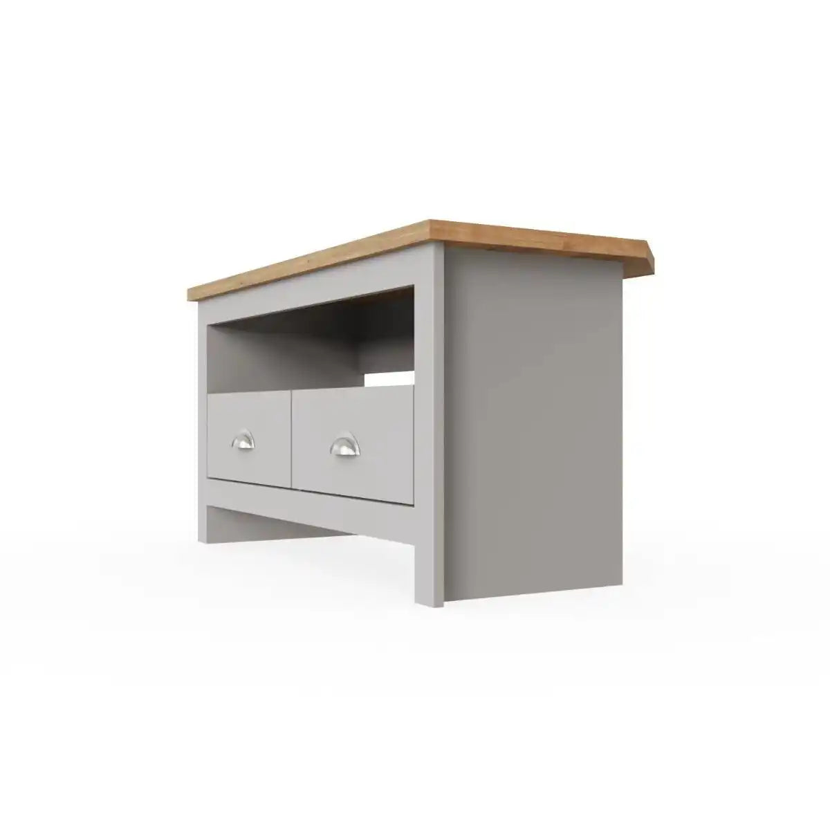 Lisbon corner TV unit stand - 2 drawers in grey & oak by TAD - Price Crash Furniture