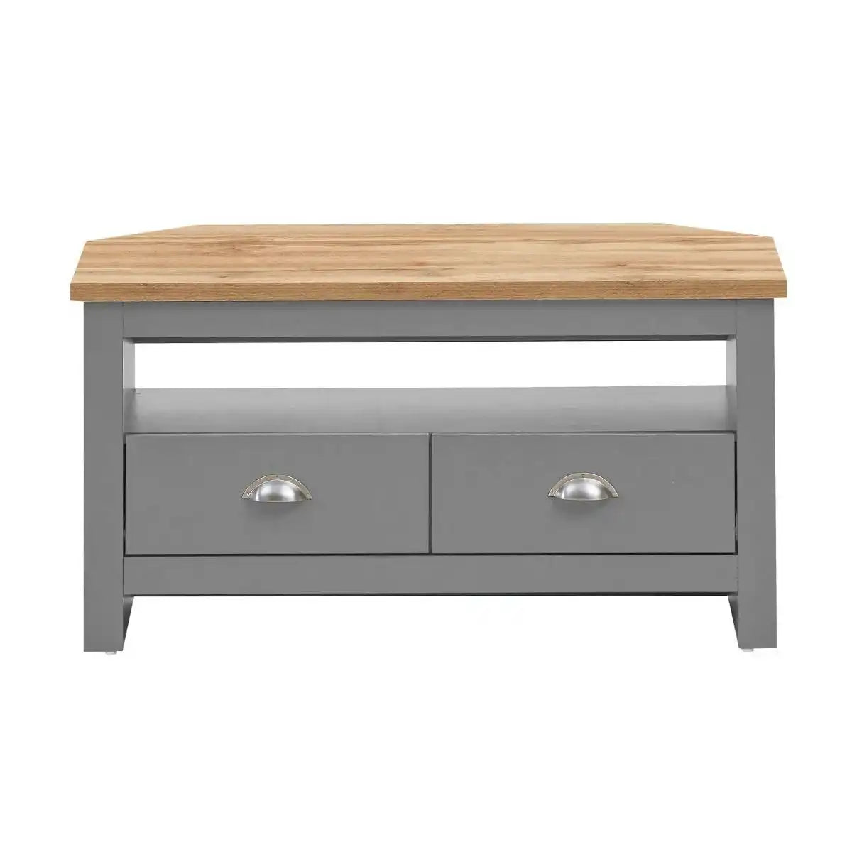 Lisbon corner TV unit stand - 2 drawers in grey & oak by TAD - Price Crash Furniture
