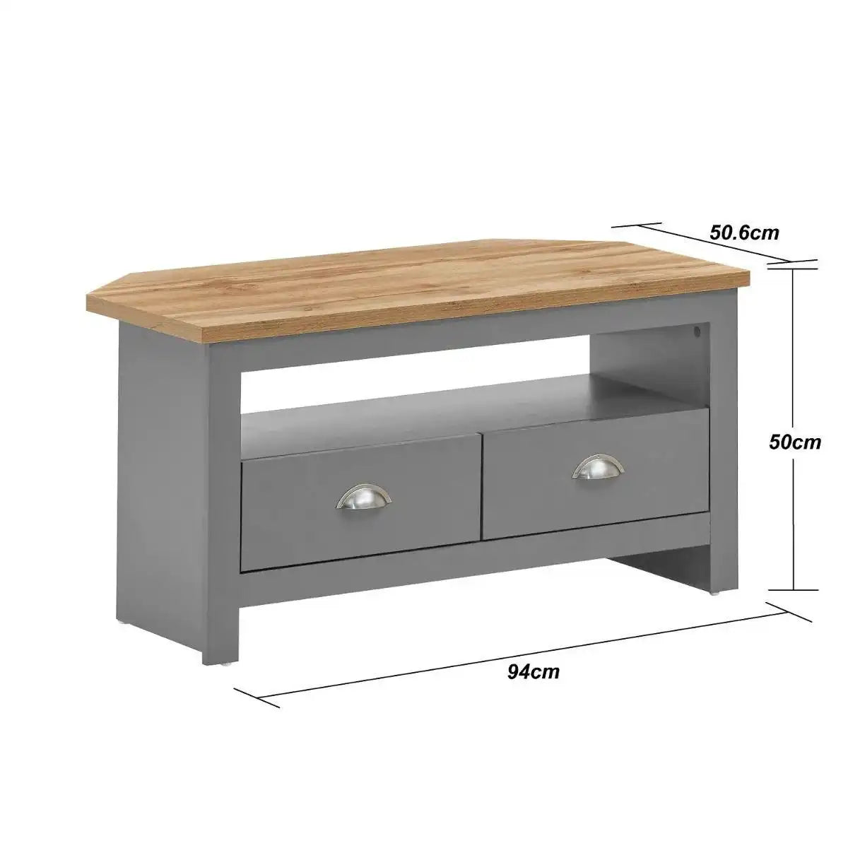 Lisbon corner TV unit stand - 2 drawers in grey & oak by TAD - Price Crash Furniture