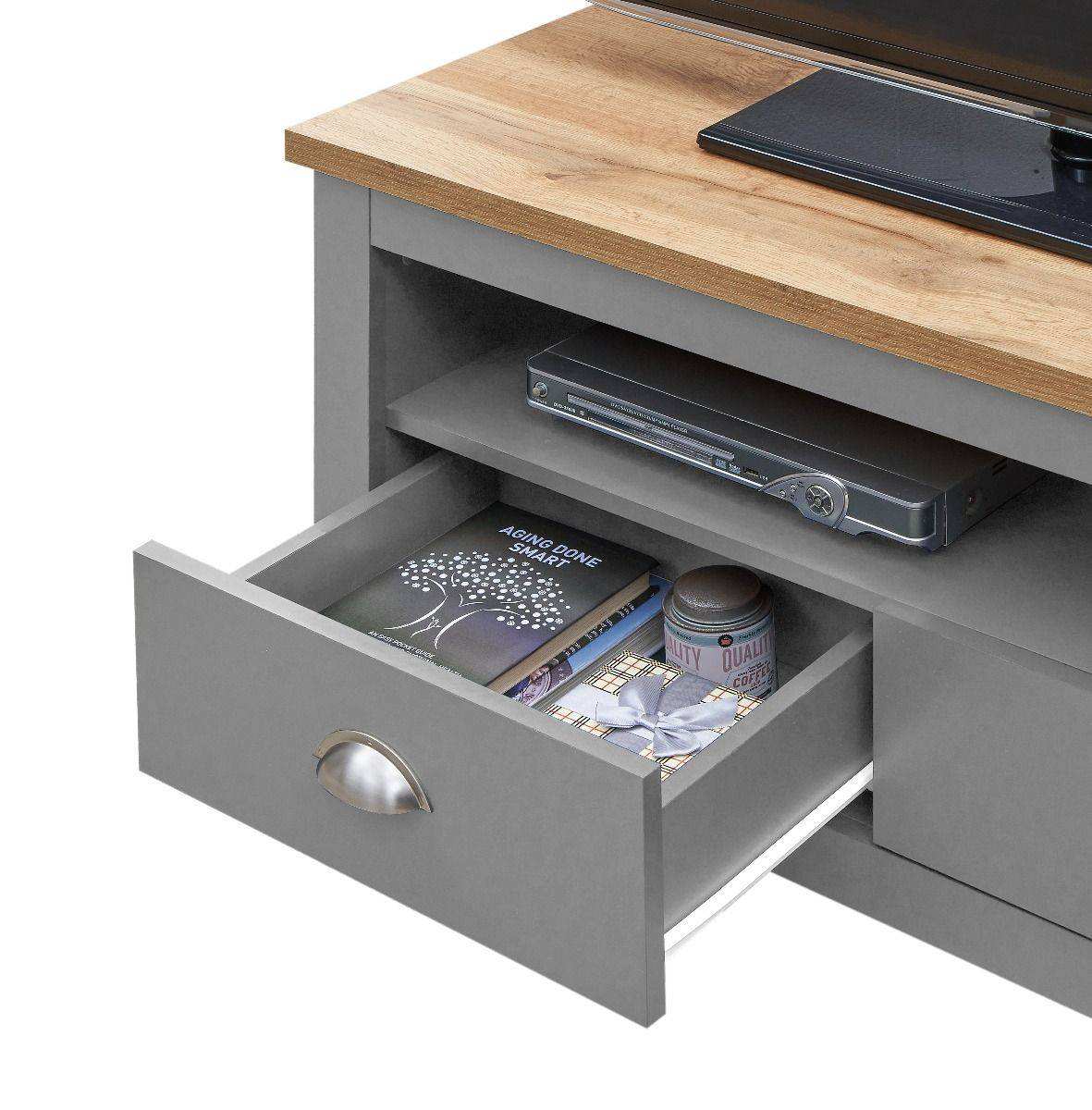 Lisbon corner TV unit stand - 2 drawers in grey & oak by TAD - Price Crash Furniture