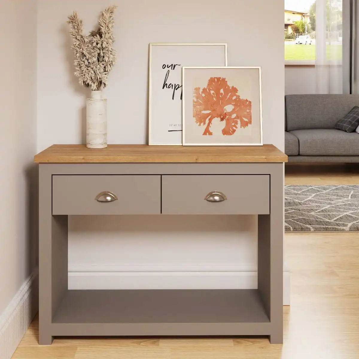 Lisbon console table with 2 drawers in grey & oak by TAD - Price Crash Furniture