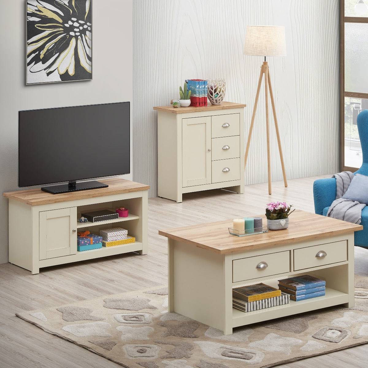 Lisbon Living 3 Piece Set: 1 Door TV Unit, 1 Door Sideboard, Coffee Table - Price Crash Furniture