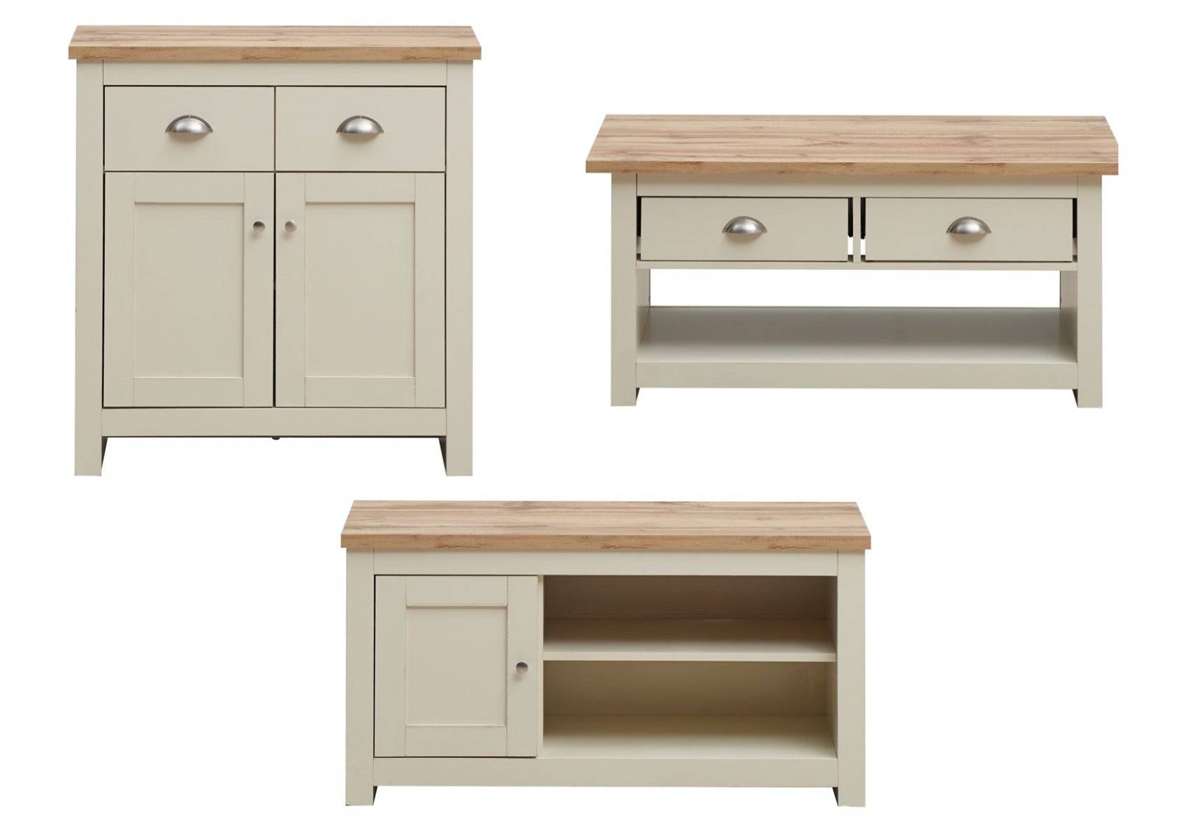 Lisbon Living 3 Piece Set: 1 Door TV Unit, 2 Door Sideboard, Coffee Table - Price Crash Furniture