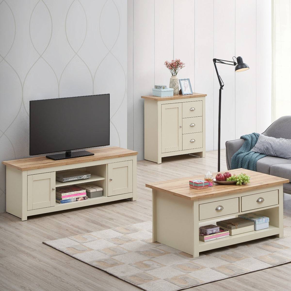 Lisbon Living 3 Piece Set: 2 Door TV Unit, 1 Door Sideboard, Coffee Table - Price Crash Furniture