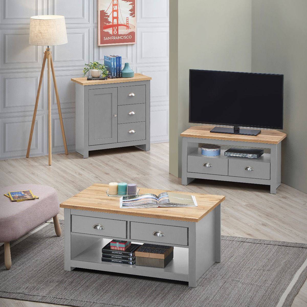 Lisbon Living 3 Piece Set: 2 Door TV Unit, 1 Door Sideboard, Coffee Table - Price Crash Furniture