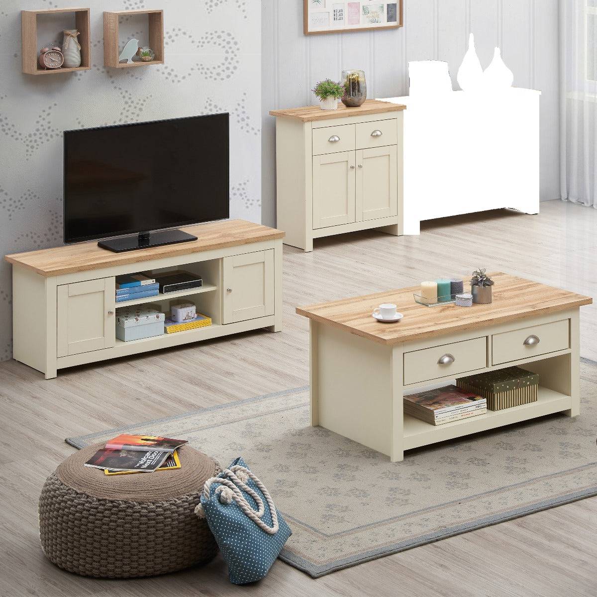 Lisbon Living 3 Piece Set: 2 Door TV Unit, 2 Door Sideboard, Coffee Table - Price Crash Furniture