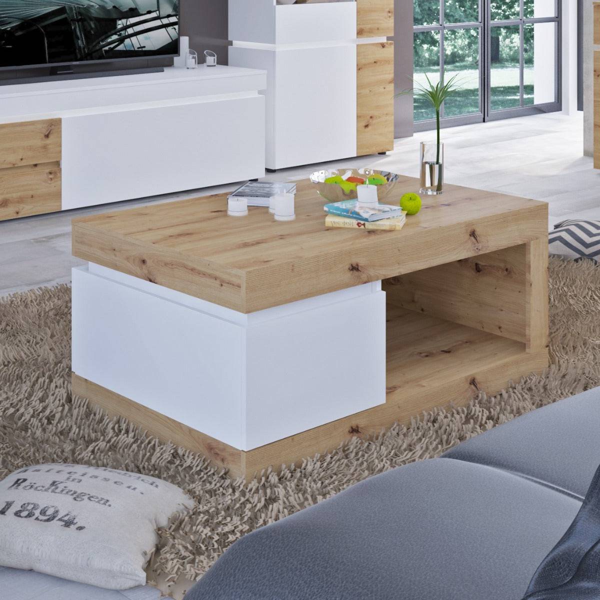 Luci 1 Drawer Storage Coffee Table in White and Oak - Price Crash Furniture