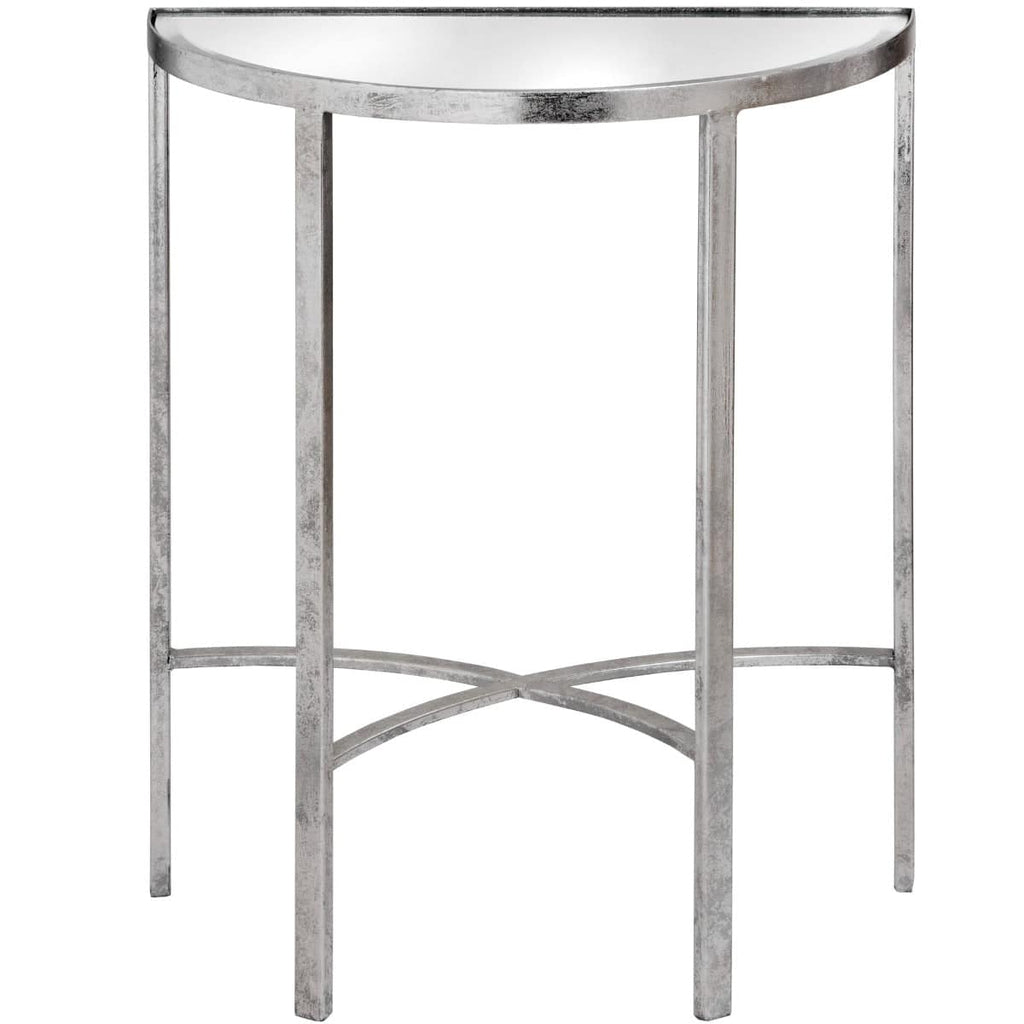 Mirrored Silver Half Moon Table With Cross Detail - Price Crash Furniture