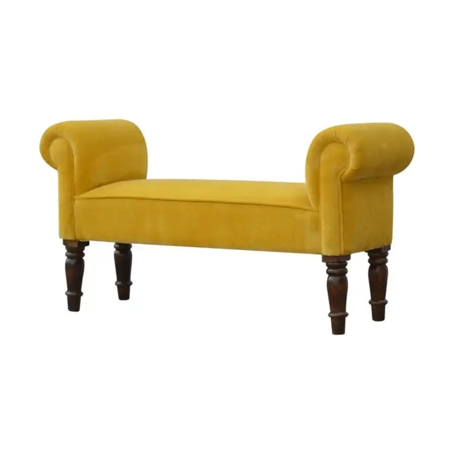 Mustard Velvet Bench With Turned Feet - Price Crash Furniture