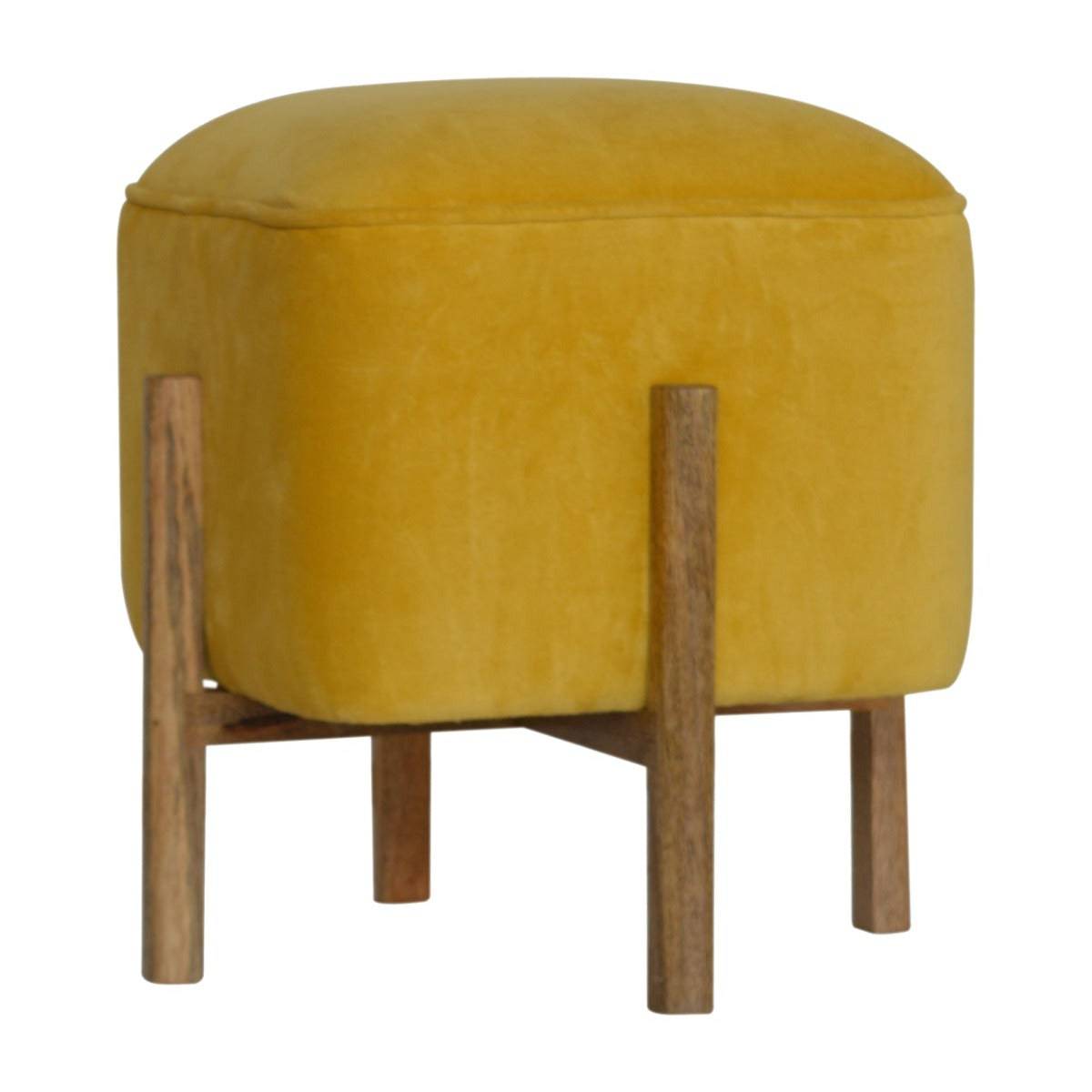 Mustard Velvet Footstool with Solid Wood Legs - Price Crash Furniture