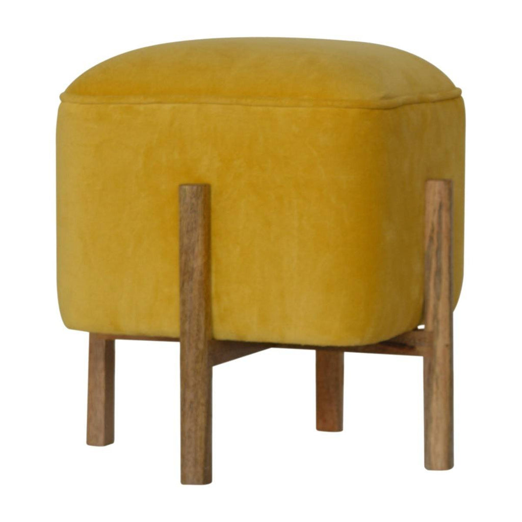 Mustard Velvet Footstool with Solid Wood Legs - Price Crash Furniture