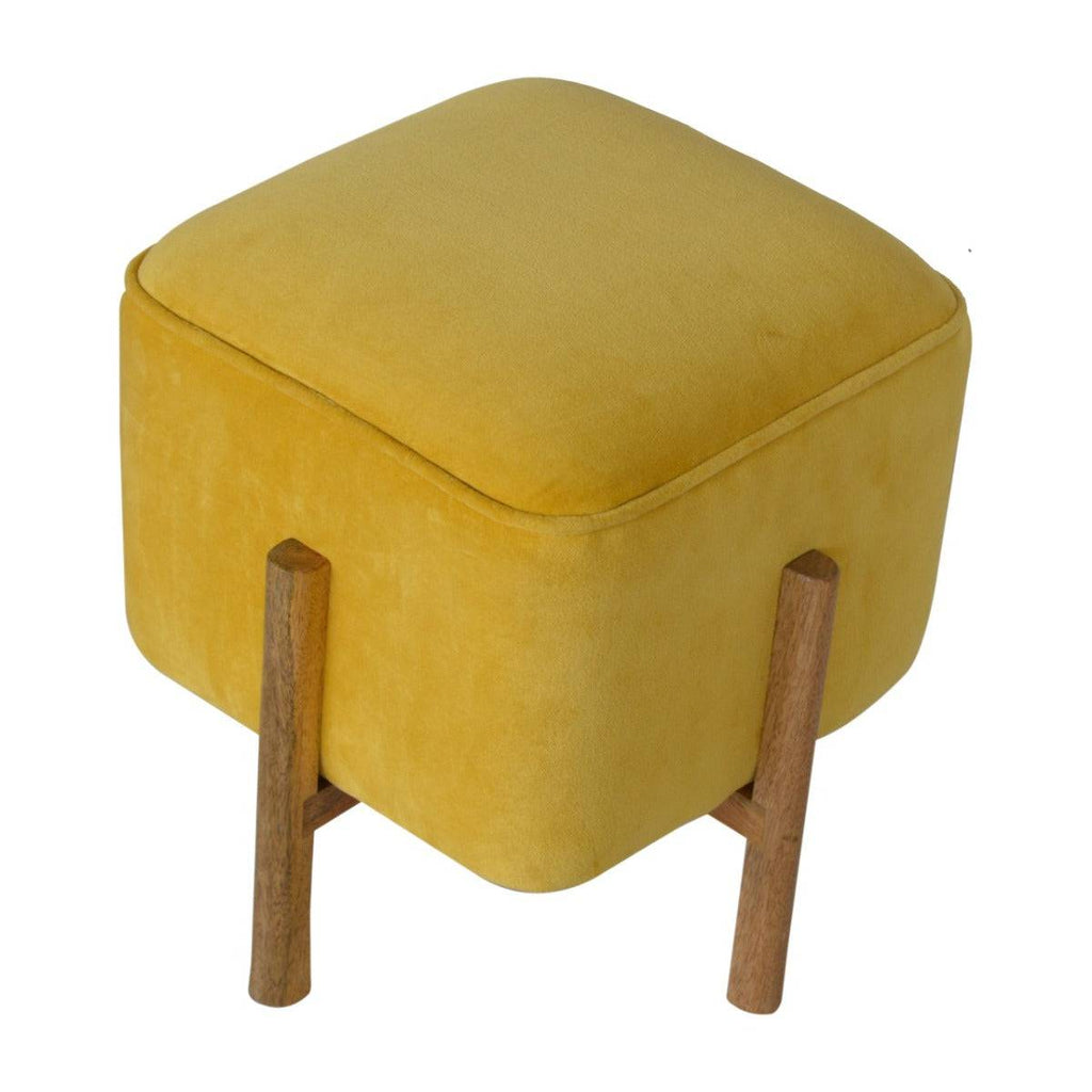 Mustard Velvet Footstool with Solid Wood Legs - Price Crash Furniture