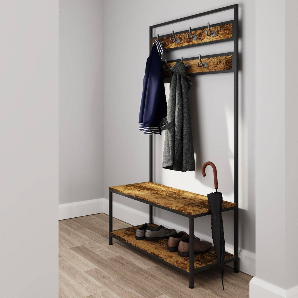 Bala Living Coat Rack in rustic wood grain style with black metallic frame by TAD - Price Crash Furniture