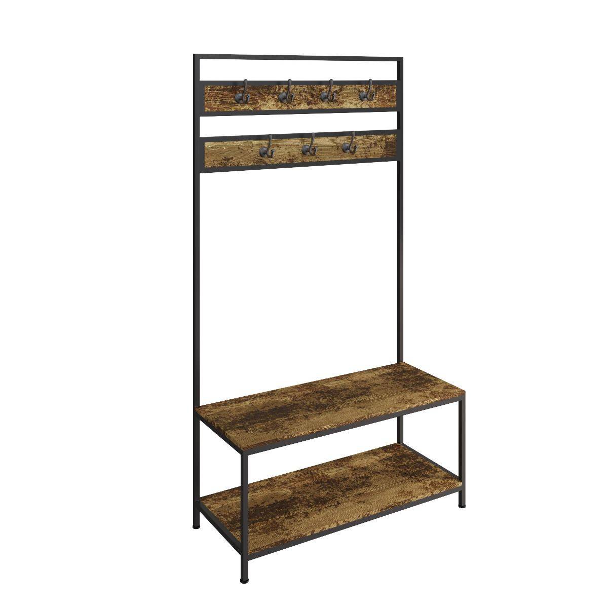 Bala Living Coat Rack in rustic wood grain style with black metallic frame by TAD - Price Crash Furniture