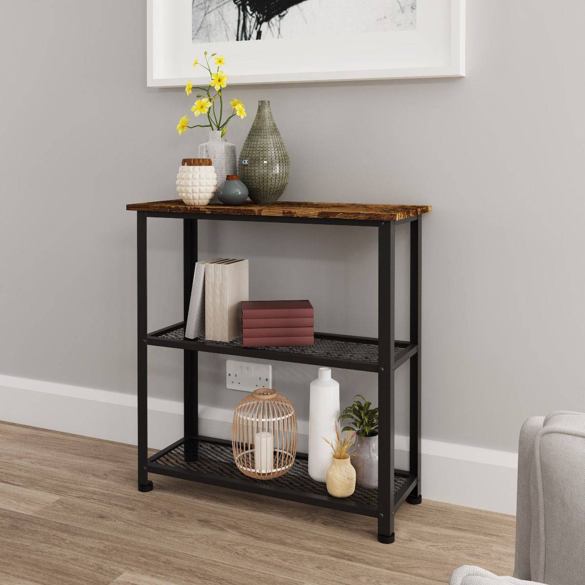 Bala Living Shoe Rack in rustic wood grain style with black metallic frame by TAD - Price Crash Furniture