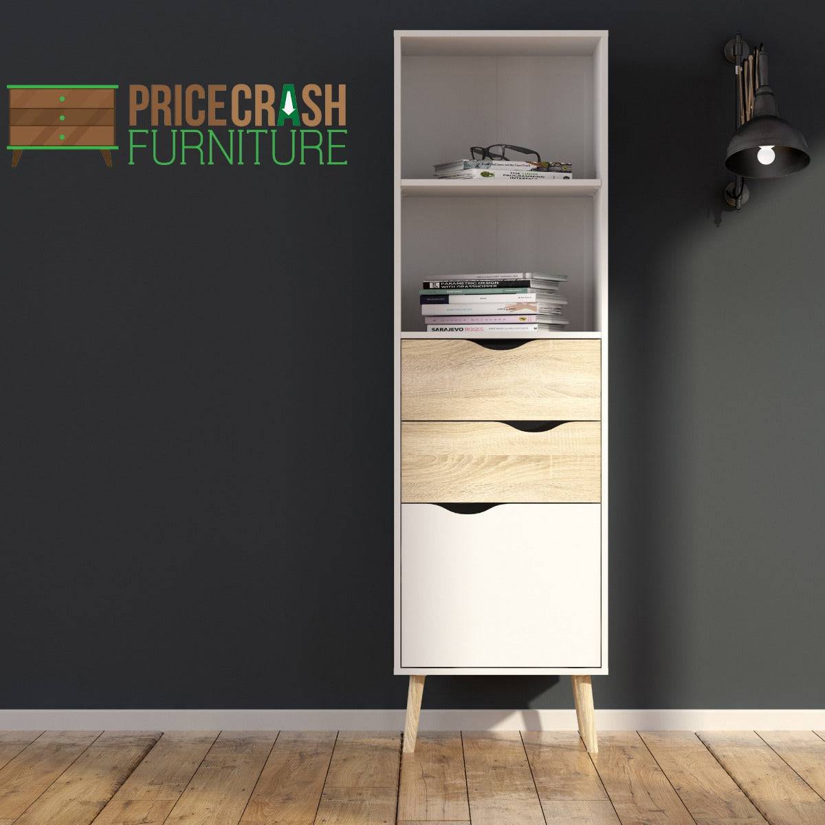 Oslo Bookcase 2 Drawers 1 Door in White and Oak - Price Crash Furniture