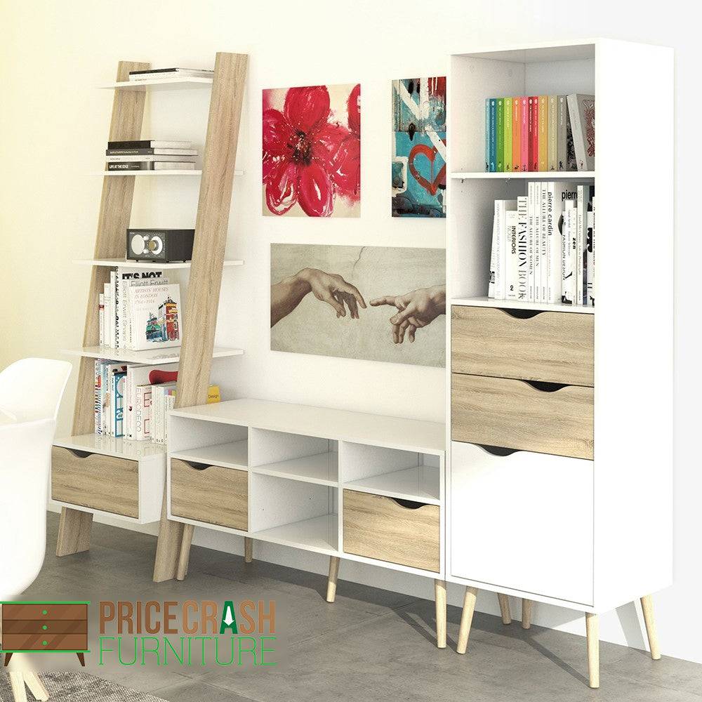 Oslo Bookcase 2 Drawers 1 Door in White and Oak - Price Crash Furniture