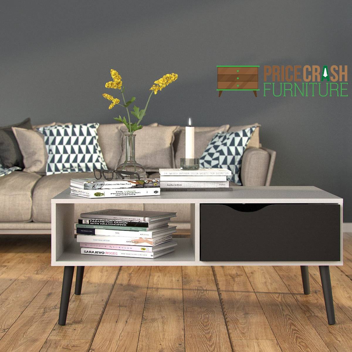 Oslo Coffee Table 1 Drawer 1 Shelf in White and Black Matt - Price Crash Furniture