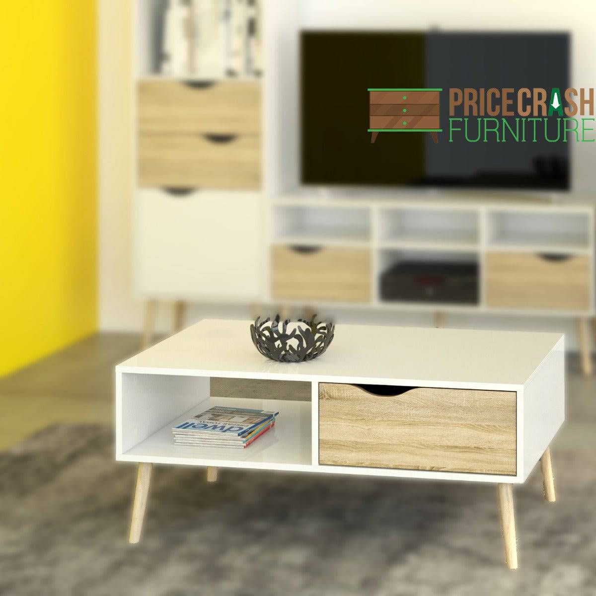 Oslo Coffee Table 1 Drawer 1 Shelf in White and Oak - Price Crash Furniture