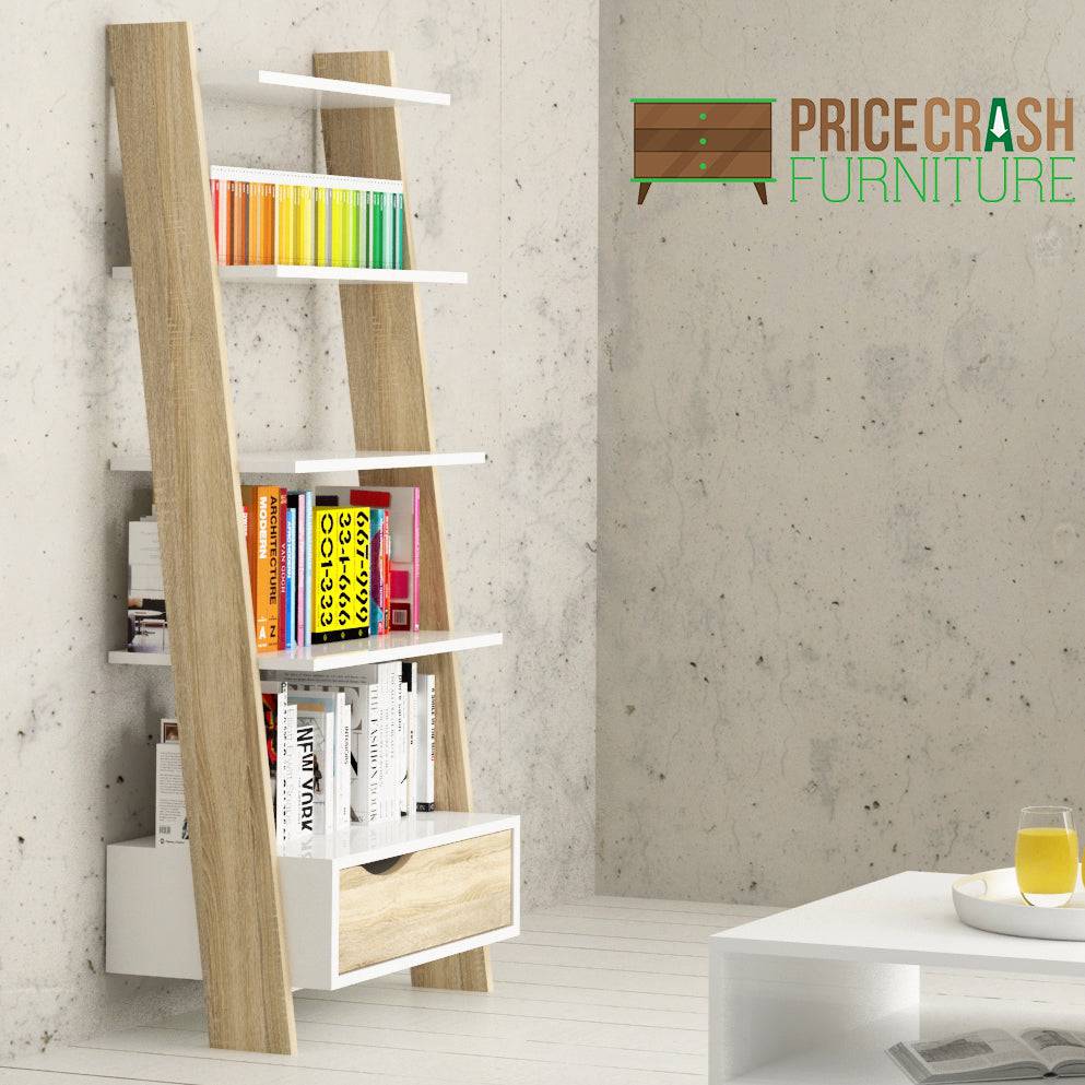 Oslo Leaning Ladder Bookcase 1 Drawer in White and Oak - Price Crash Furniture