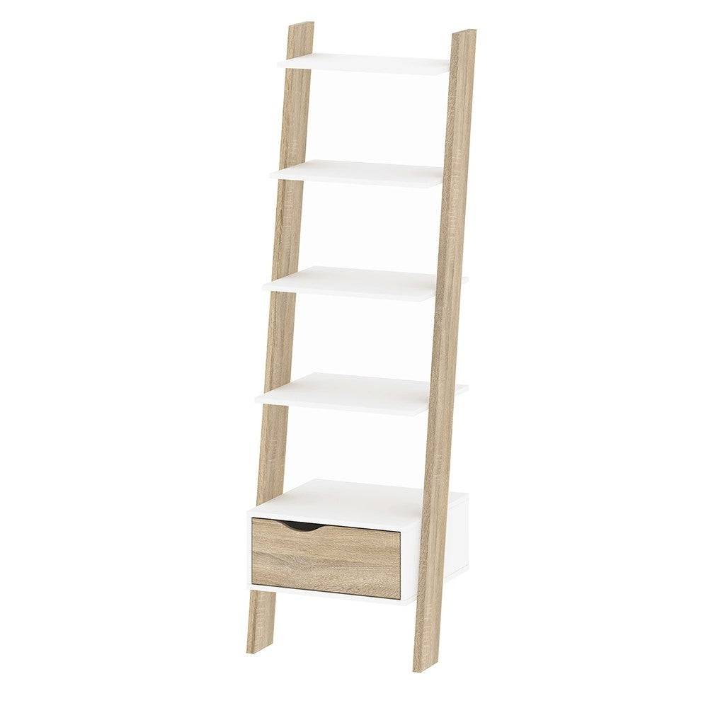 Oslo Leaning Ladder Bookcase 1 Drawer in White and Oak - Price Crash Furniture