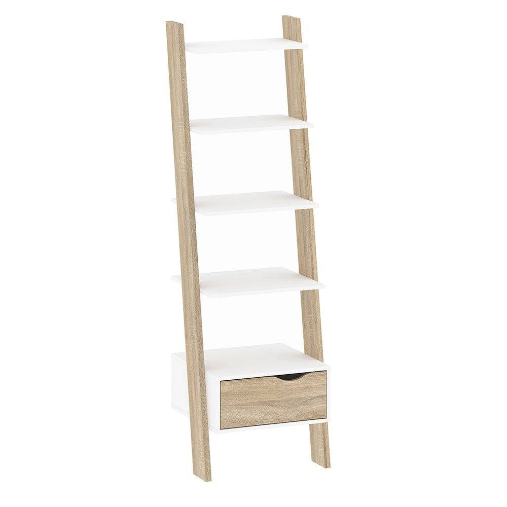Oslo Leaning Ladder Bookcase 1 Drawer in White and Black Matt - Price Crash Furniture