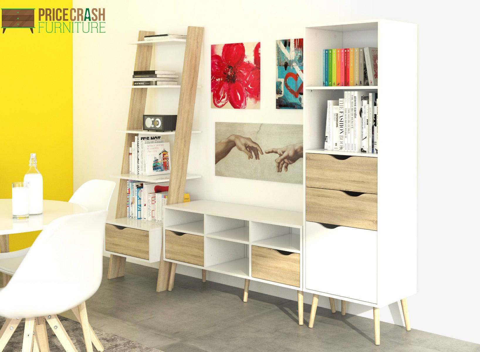 Oslo Leaning Ladder Bookcase 1 Drawer in White and Oak - Price Crash Furniture