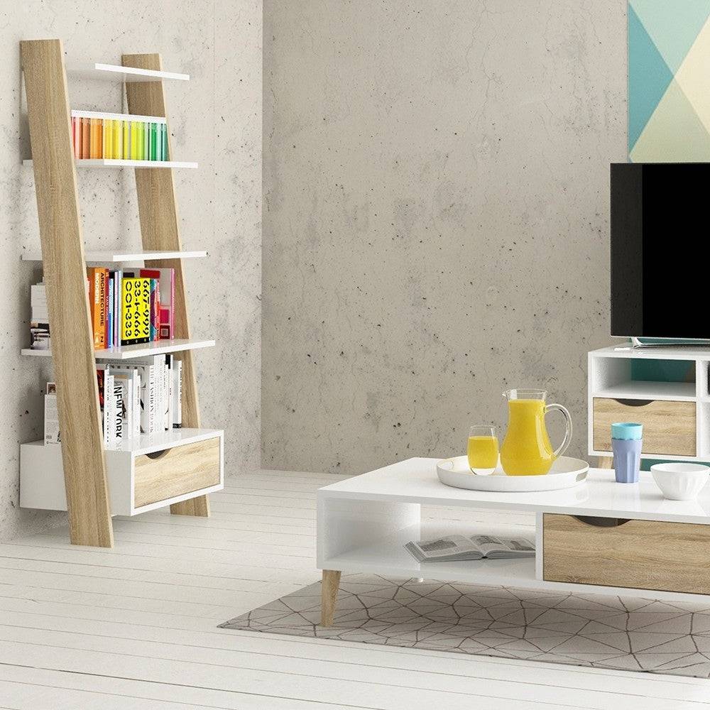 Oslo Leaning Ladder Bookcase 1 Drawer in White and Oak - Price Crash Furniture