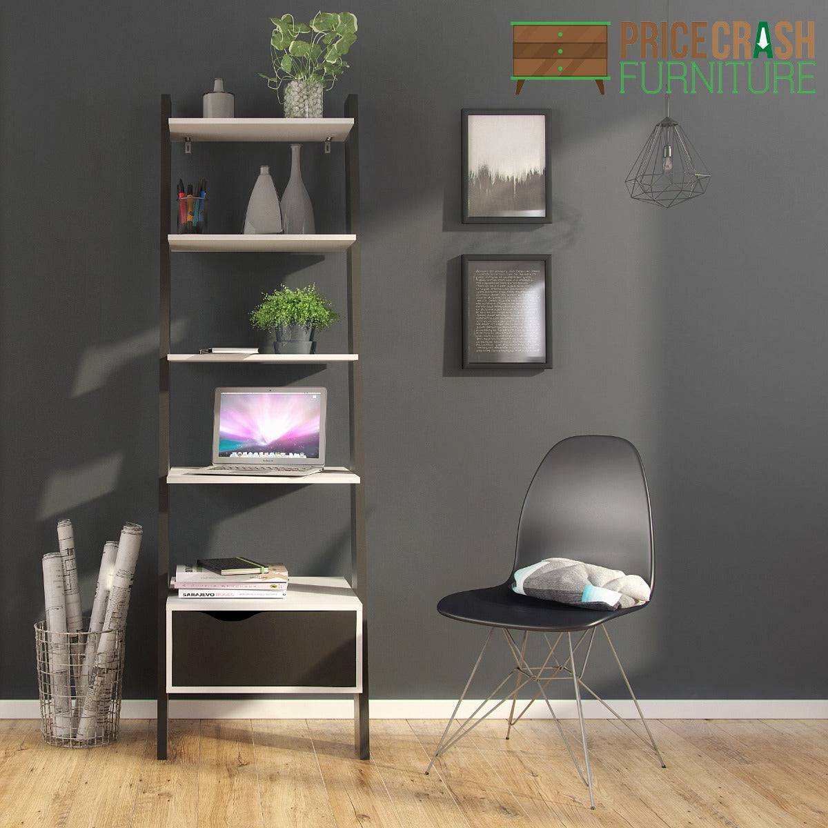 Oslo Leaning Ladder Bookcase 1 Drawer in White and Black Matt - Price Crash Furniture