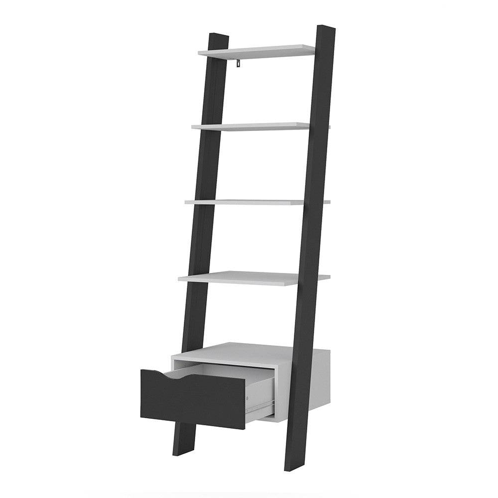 Oslo Leaning Ladder Bookcase 1 Drawer in White and Black Matt - Price Crash Furniture