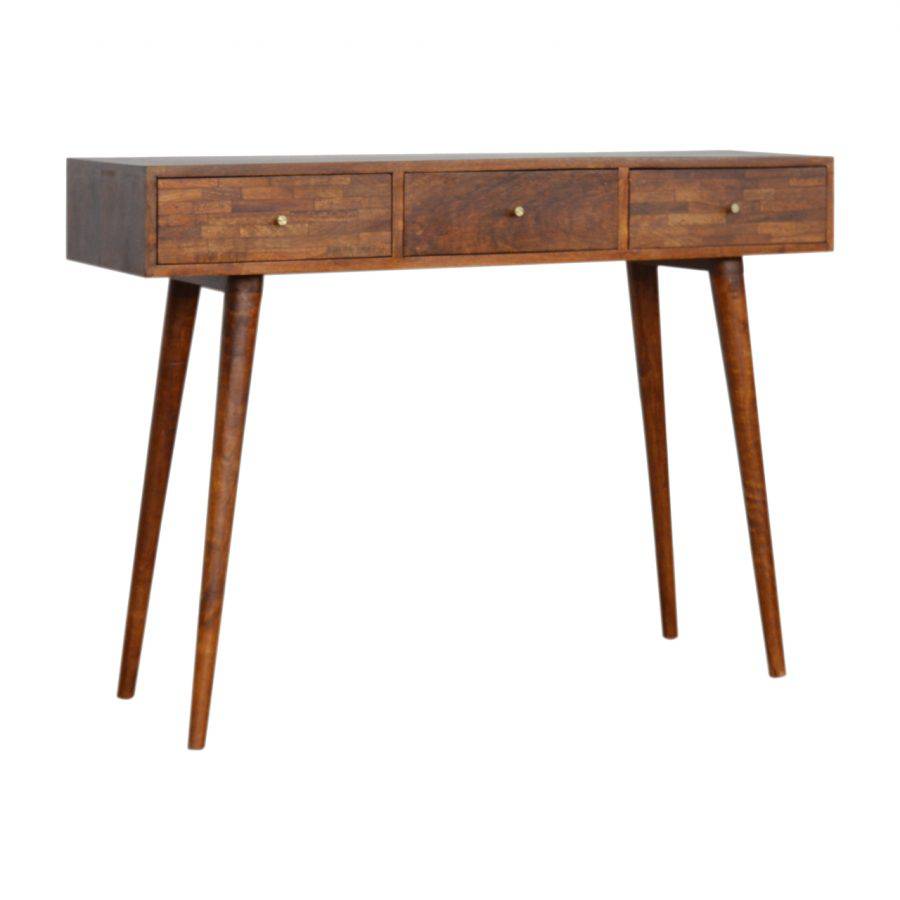 Patchwork Pattern 3 Drawer Console Table in Chestnut-effect Mango Wood - Price Crash Furniture