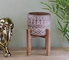 Patterned Cement Planter On Wooden Base - Price Crash Furniture