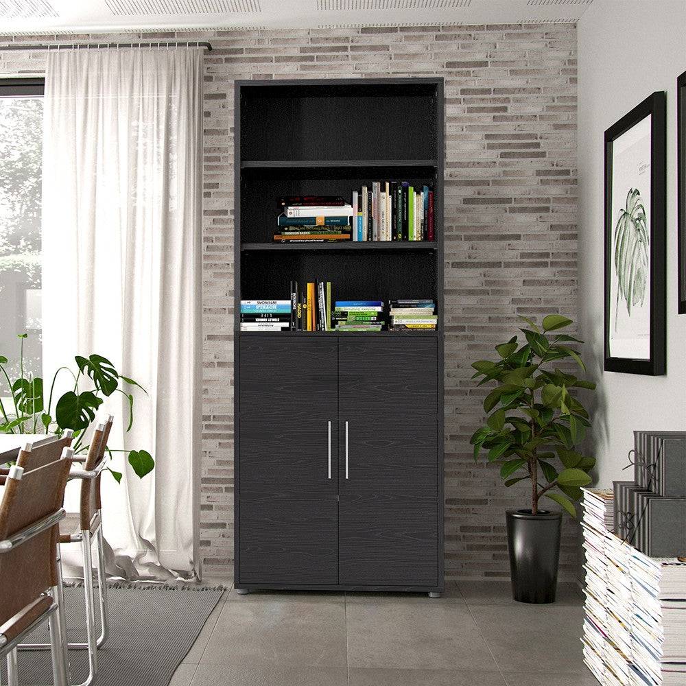 Prima Bookcase 5 Shelves with 2 Doors in Black Woodgrain - Price Crash Furniture